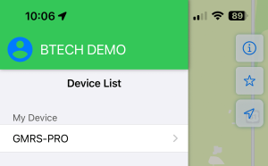 Screenshot of the BTECH GMRS Programmer app showing the user profile interface with the 'BTECH DEMO' owner profile highlighted at the top of the screen, indicating where users can tap to customize their profile settings.