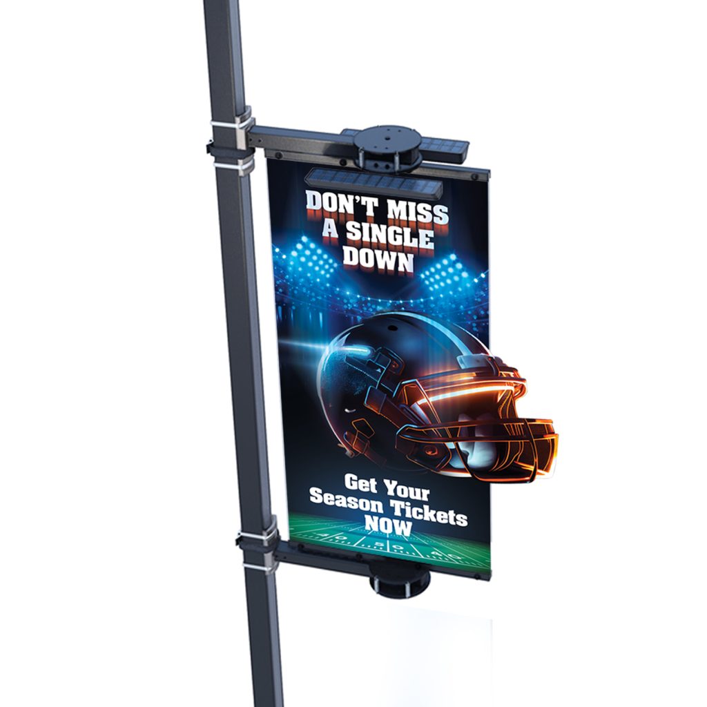 die cut banner design on a light pole