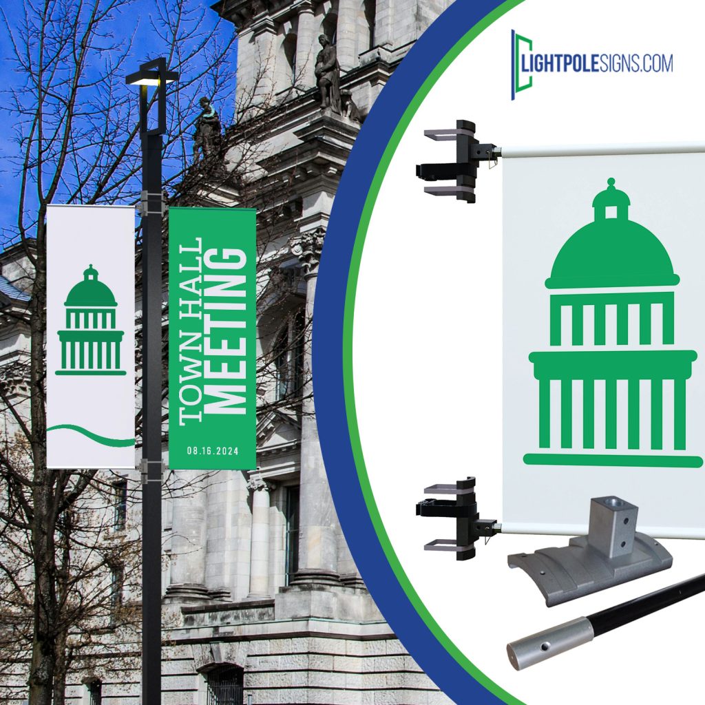 town hall announcement sign on a light pole