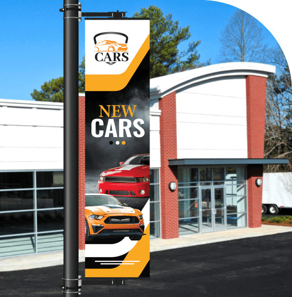New cars sign on a banner on a light pole sign using a swivel pro hardware